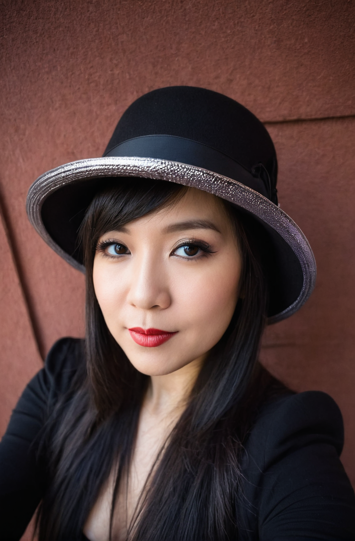 A woman wearing a hat poses for a picture, in the style of oshare kei, black, wide lens, shiny/ glossy, solapunk, dark sil...